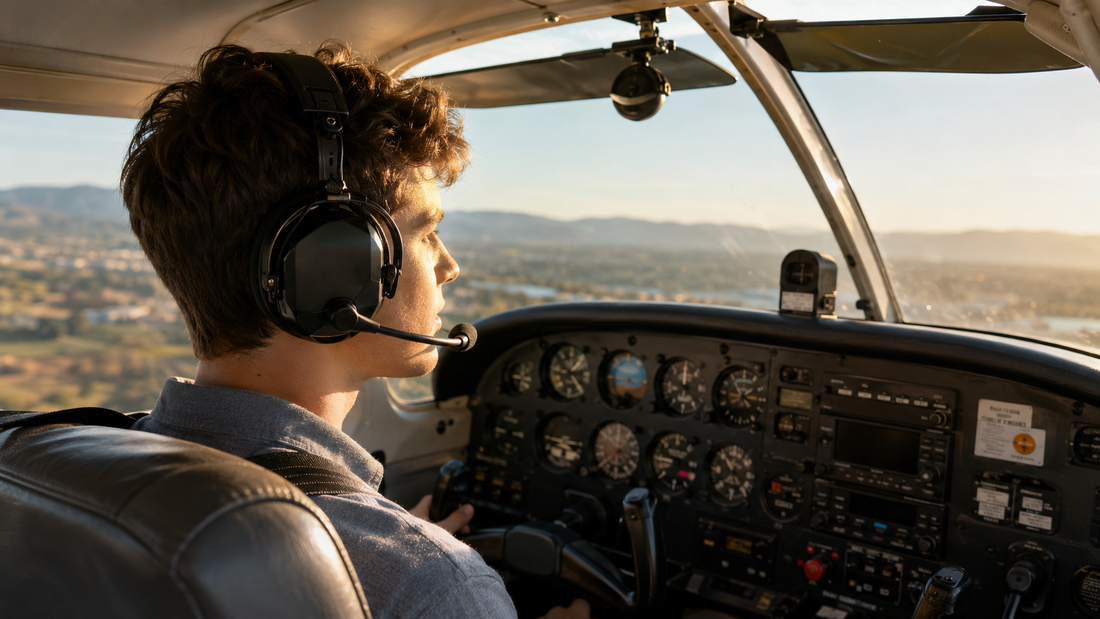 Student pilot wearing aviation headset inside cockpit during flight training